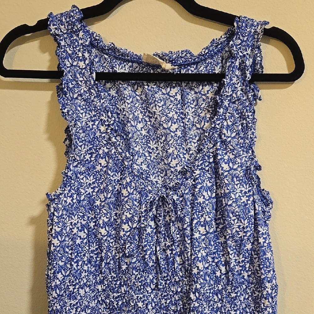 Blue and White Ruffled Tie Front Blouse